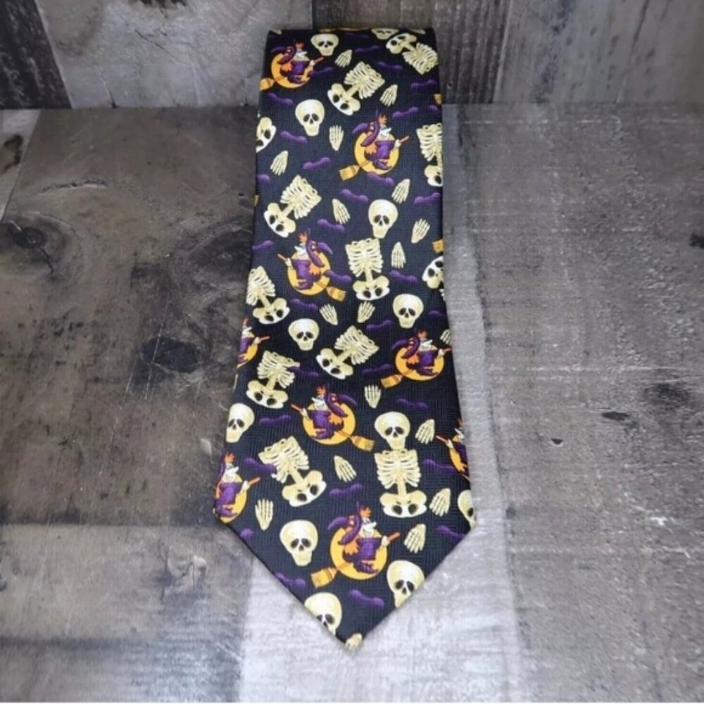 Mens Halloween Themed Necktie Skeletons Witch Full Moon Black Spooky Ghosts